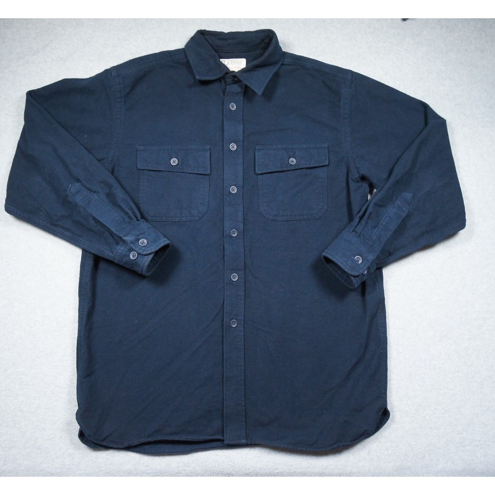 LL Bean Shirt Mens Medium Blue Button Up Chamois Cloth Flannel Workwear Outdoors
